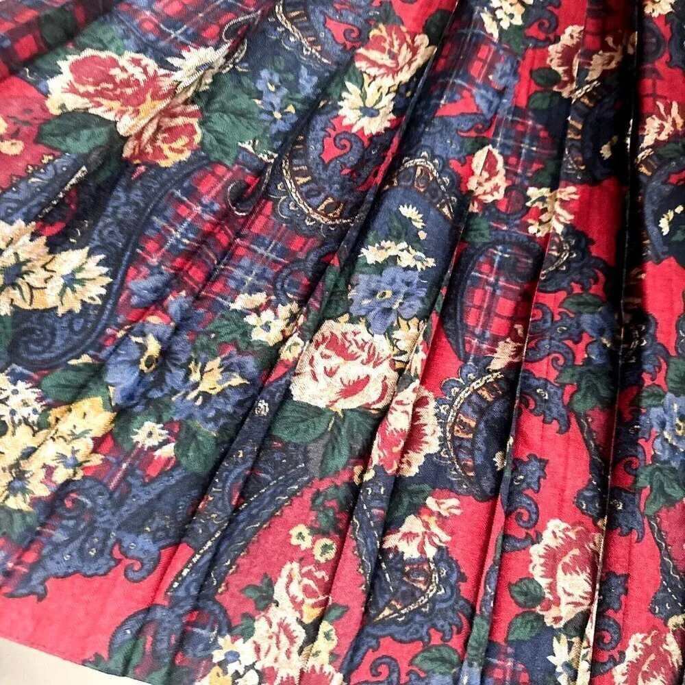 Vintage Hammer Floral Paisley Print Pleated Midi Skirt Wool L